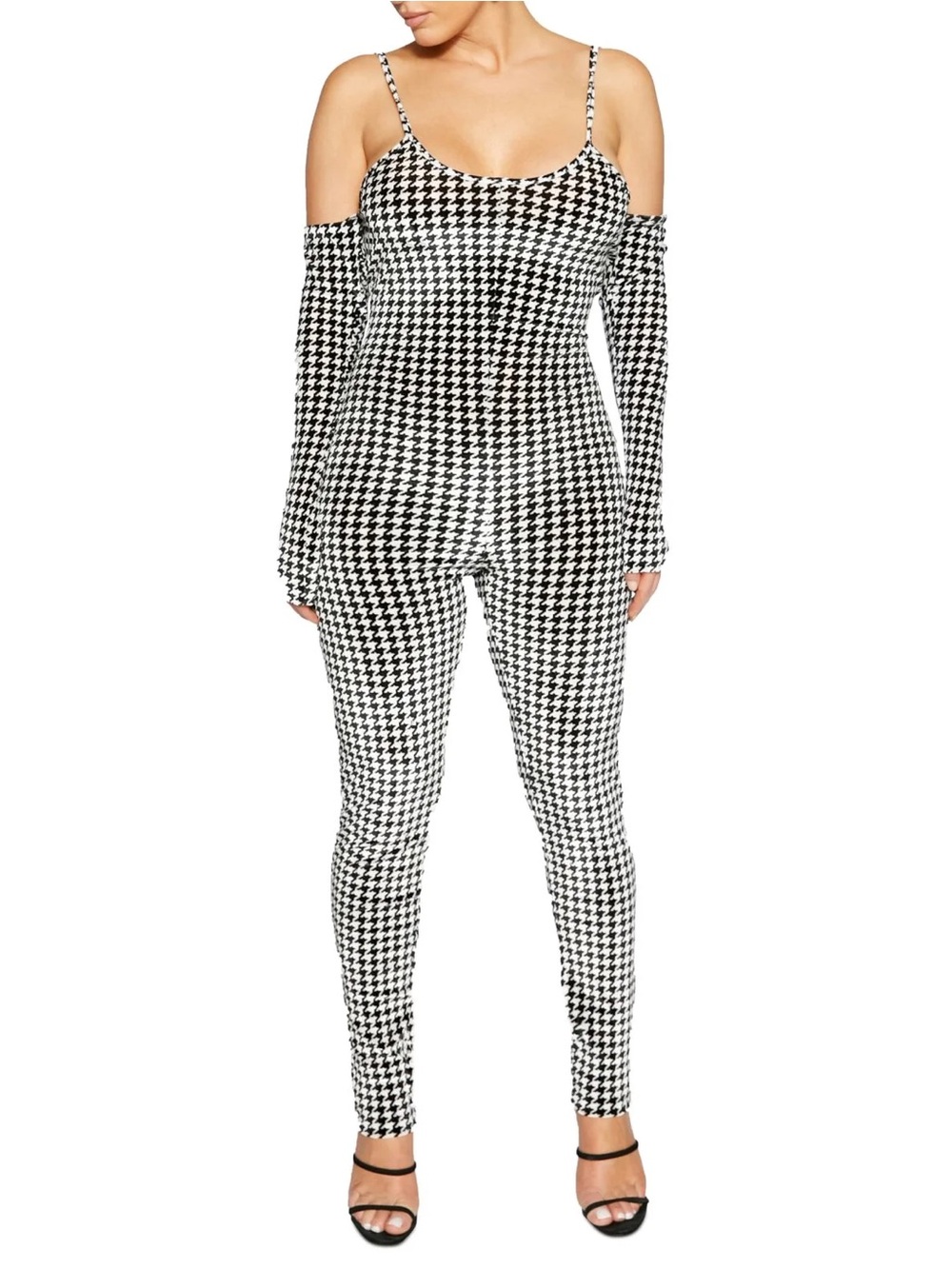 NWOT Naked Wardrobe Houndstooth Velour Cold Shoulder Jumpsuit Small
